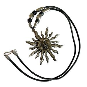 Vintage Sun Pendant Necklace Silver Tone on Black Cord